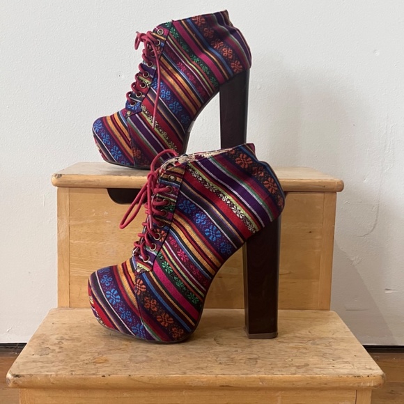 Multicolored textile platform heeled booties - Picture 7 of 8